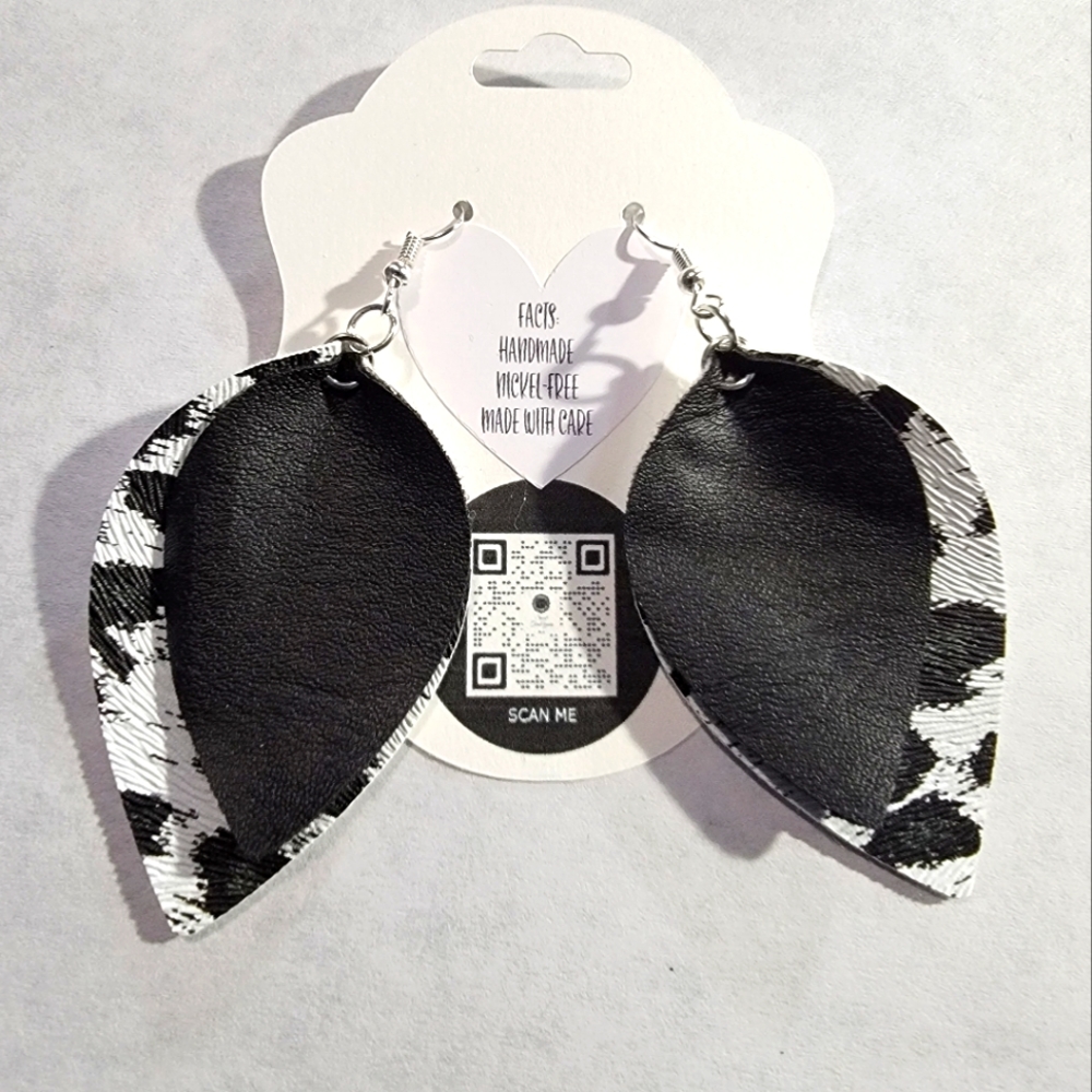 Cow, Black 2-Layered Faux Leather Earrings 2.5"